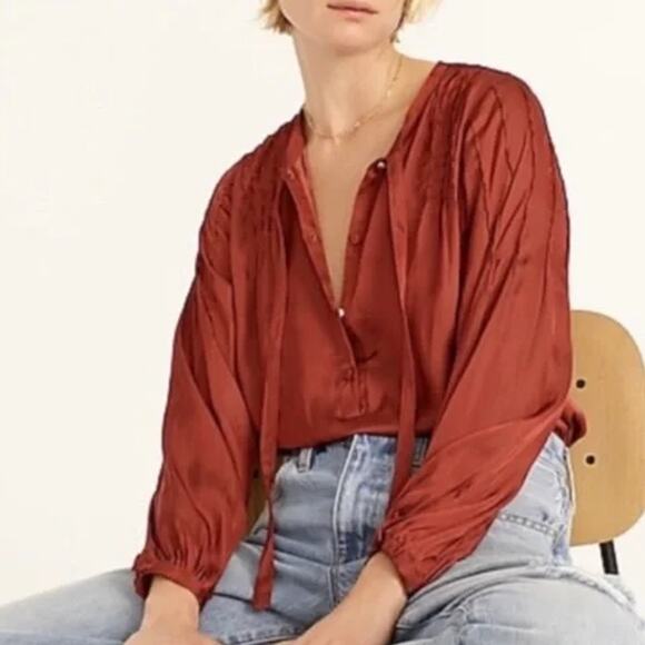 J Crew Size M Featherweight Satin Tie Neck Blouse Clay Tile Orange - Picture 2 of 11